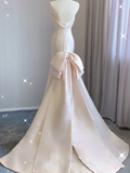 Simple Mermaid Strapless Neckline Long Satin Pink Wedding Dresses Brides Dress HZ1121