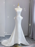 Simple Mermaid Strapless Neckline Long Satin White Wedding Dresses Brides Dress HZ1121