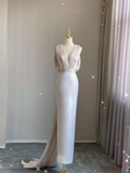 Simple Sheath V Neckline Long Satin Backless Wedding Dresses Brides Dress HZ1121