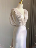 Simple Sheath V Neckline Long Satin Backless Wedding Dresses Brides Dress HZ1121