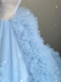 Pretty Ball Gown Strapless Blue Layers Tulle Long Prom Dresses Evening Dresses HZ1121