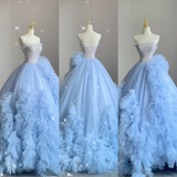 Pretty Ball Gown Strapless Blue Layers Tulle Long Prom Dresses Evening Dresses HZ1121