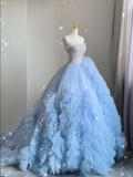 Pretty Ball Gown Strapless Blue Layers Tulle Long Prom Dresses Evening Dresses HZ1121