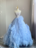 Pretty Ball Gown Strapless Blue Layers Tulle Long Prom Dresses Evening Dresses HZ1121