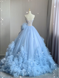 Pretty Ball Gown Strapless Blue Layers Tulle Long Prom Dresses Evening Dresses HZ1121