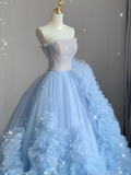 Pretty Ball Gown Strapless Blue Layers Tulle Long Prom Dresses Evening Dresses HZ1121