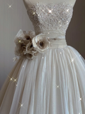 Pretty Ball Gown Strapless Champagne Tulle Long Prom Dresses Evening Dresses HZ1121