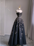 Pretty Ball Gown Strapless Black Tulle Long Prom Dresses Evening Dresses HZ1121