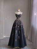 Pretty Ball Gown Strapless Black Tulle Long Prom Dresses Evening Dresses HZ1121