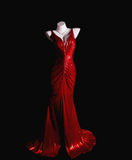 Sexy V-neck Mermaid Long Prom Dresses Backless Red Evening Dress Sleeveless Formal Dresses HZ1121