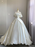 Unique Ball Gown Strapless Ruffles Long Satin White Wedding Dresses Brides Dress HZ1121