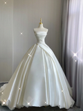 Unique Ball Gown Strapless Ruffles Long Satin White Wedding Dresses Brides Dress HZ1121