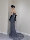 Pretty Mermaid Spaghetti Straps Sequin Sleeveless Long Prom Dresses High School Evening Dresses HZ1121