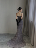 Pretty Mermaid Spaghetti Straps Sequin Sleeveless Long Prom Dresses High School Evening Dresses HZ1121