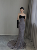 Pretty Mermaid Spaghetti Straps Sequin Sleeveless Long Prom Dresses High School Evening Dresses HZ1121