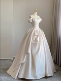 Luxury Ball Gown Off The Shoulder Neckline Long Satin Pink Wedding Dresses Brides Dress HZ1121