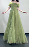 Cute Off-the-shoulder A-Line Green Long Prom Dresses Tulle Green Birthday Dresses Sweet 16 Dress HZ1121
