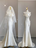 Simple Mermaid Strapless Long Satin White Wedding Dresses Brides Dress With Appliques HZ1121