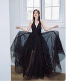 Elegant Vneck A-line Black Long Evening Dresses Sequin Tulle Black Birthday Dresses HZ1121