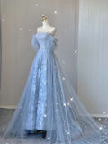 Pretty A line Scoop Neckline Blue Tulle Long Prom Dresses Graduation Dress High School Classy Evening Dresses HZ1121