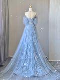 Pretty A line Scoop Neckline Blue Tulle Long Prom Dresses Graduation Dress High School Classy Evening Dresses HZ1121