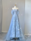 Pretty A line Scoop Neckline Blue Tulle Long Prom Dresses Graduation Dress High School Classy Evening Dresses HZ1121