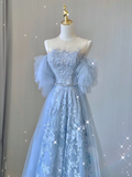 Pretty A line Scoop Neckline Blue Tulle Long Prom Dresses Graduation Dress High School Classy Evening Dresses HZ1121