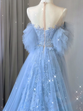 Pretty A line Scoop Neckline Blue Tulle Long Prom Dresses Graduation Dress High School Classy Evening Dresses HZ1121
