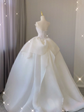 Timeless Ball Gown Strapless Long Satin White Sweep Train Wedding Dresses Brides Dress HZ1121