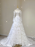 Unique A line Off The Shoulder Lace Long Sleeves White Wedding Dresses Summer Brides Dress HZ1121