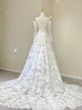 Unique A line Off The Shoulder Lace Long Sleeves White Wedding Dresses Summer Brides Dress HZ1121