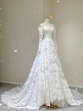 Unique A line Off The Shoulder Lace Long Sleeves White Wedding Dresses Summer Brides Dress HZ1121
