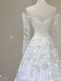 Unique A line Off The Shoulder Lace Long Sleeves White Wedding Dresses Summer Brides Dress HZ1121