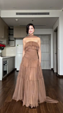 Chic Strapless Sheath Light Brown Long Prom Dresses Sleeveless Tulle Light Brown Wedding Guest Dresses HZ1121