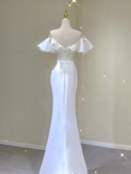 Simple Mermaid V Neckline Long White Wedding Dresses Summer Brides Dress HZ1121