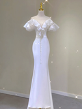 Simple Mermaid V Neckline Long White Wedding Dresses Summer Brides Dress HZ1121