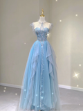Pretty Ball Gown Scoop Long Prom Dresses Blue Graduation Dress High School Classy Evening Dresses HZ1121