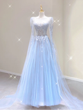 Pretty Ball Gown Scoop Long Sleeves Prom Dresses Blue Graduation Dress High School Classy Evening Dresses HZ1121