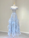 Pretty Ball Gown Spaghetti Straps Cap Sleeves Prom Dresses Blue Graduation Dress High School Classy Evening Dresses HZ1121