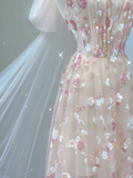 Classy A Line Halter Sleeveless Pink Floral Evening Dress Long Prom Dresses HZ1121