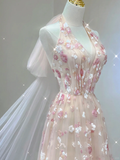 Classy A Line Halter Sleeveless Pink Floral Evening Dress Long Prom Dresses HZ1121