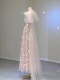 Classy A Line Halter Sleeveless Pink Floral Evening Dress Long Prom Dresses HZ1121