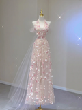 Classy A Line Halter Sleeveless Pink Floral Evening Dress Long Prom Dresses HZ1121