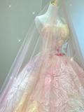 Pretty Ball Gown Strapless Pink Tulle Long Prom Dresses High School Outfits Evening Dresses HZ1121