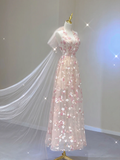 Classy A Line Halter Sleeveless Pink Floral Evening Dress Long Prom Dresses HZ1121