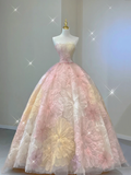 Pretty Ball Gown Strapless Pink Tulle Long Prom Dresses High School Outfits Evening Dresses HZ1121