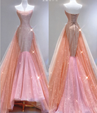 Classy Mermaid Strapless Sequin Long Pink Prom Dresses Graduation Dress High School Classy Evening Dresses HZ1121