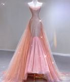 Classy Mermaid Strapless Sequin Long Pink Prom Dresses Graduation Dress High School Classy Evening Dresses HZ1121