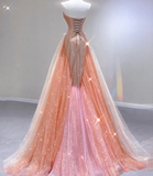 Classy Mermaid Strapless Sequin Long Pink Prom Dresses Graduation Dress High School Classy Evening Dresses HZ1121