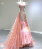 Classy Mermaid Strapless Sequin Long Pink Prom Dresses Graduation Dress High School Classy Evening Dresses HZ1121